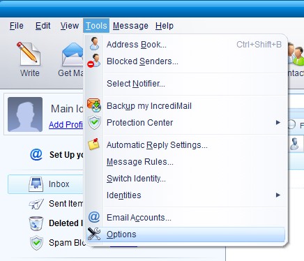 IncrediMail Tools menu, Options item